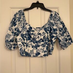 Blue and White Puff Sleeve Crop Blouse
